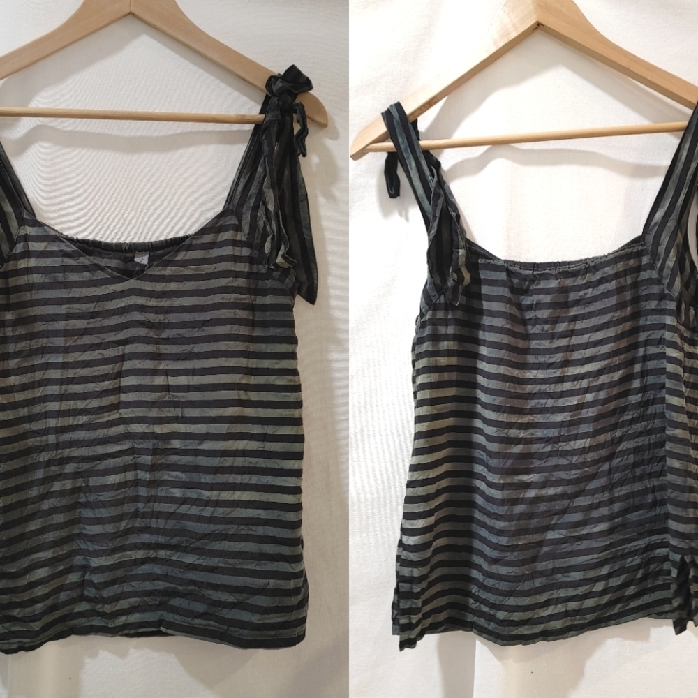 Raquel Allegra Silk Ombre Stripe Tank Top Blouse Blue Black Gray Bow 1 Small